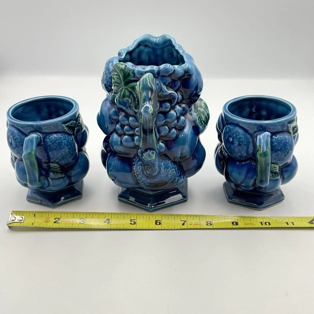 Inarco Japan Blue Fruit Pitcher & 2 Mugs Set E2431 / E2429 Vintage Ceramic 1960s